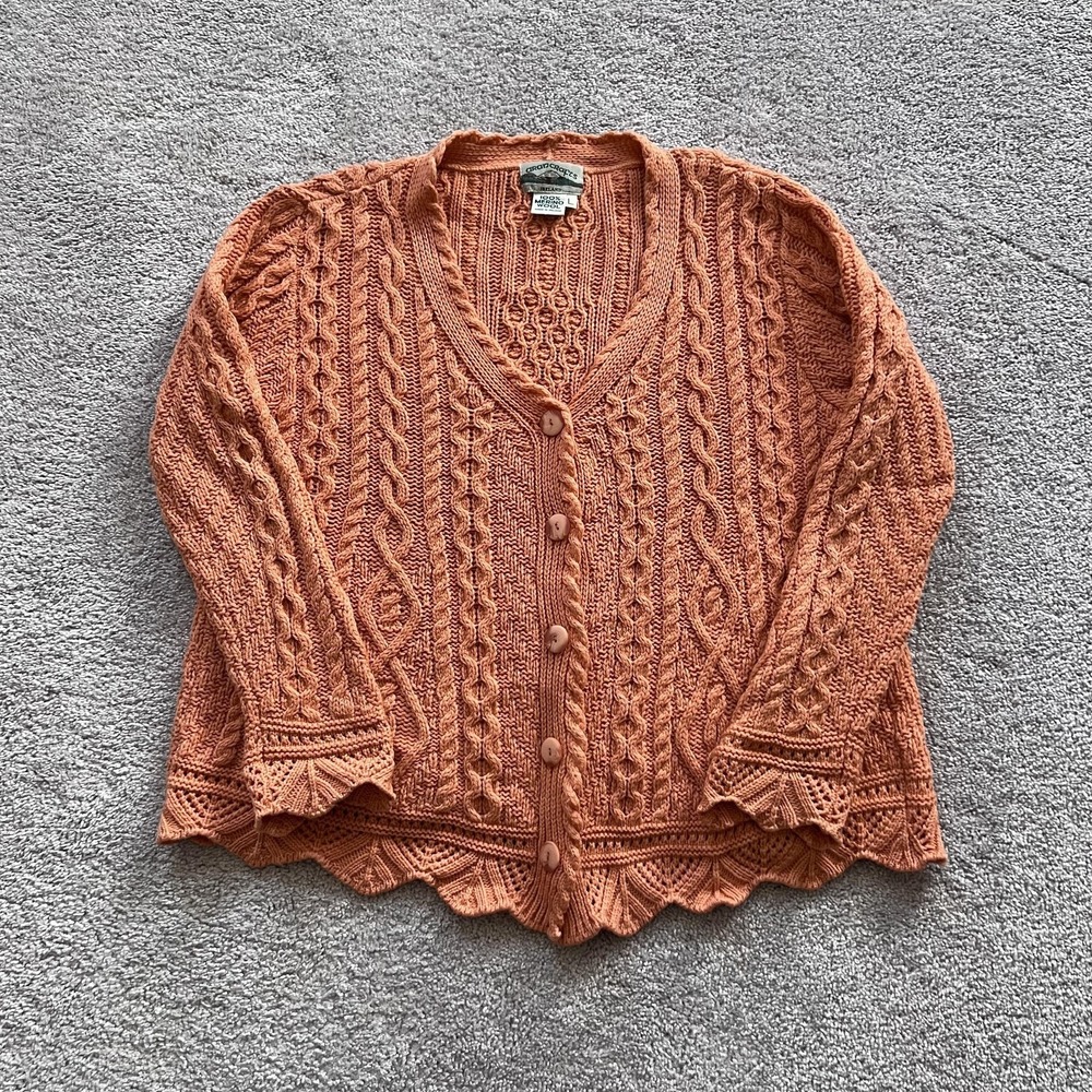 Aran Crafts Ireland Merino Wool Cable Knit Cardigan Sweater Womens‎ L Orange